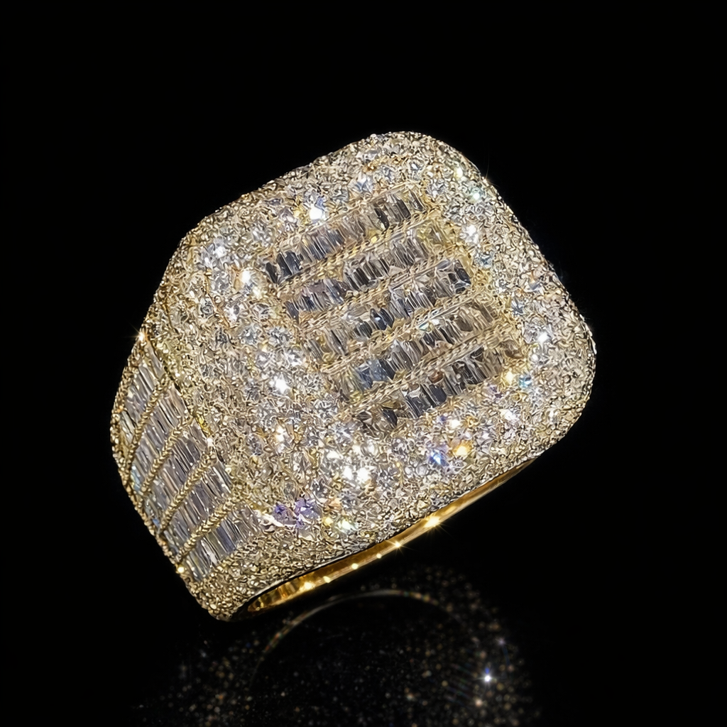 Luxury Iced Out Gold-Tone Statement Ring | Diamond Tester Proof | Sizes 6-9